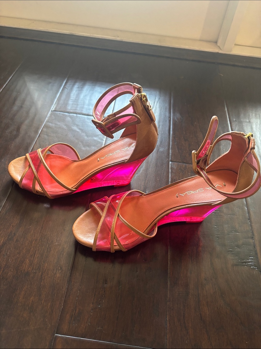 Via Spiga Tan Sandals with Pink Lucite Wedge